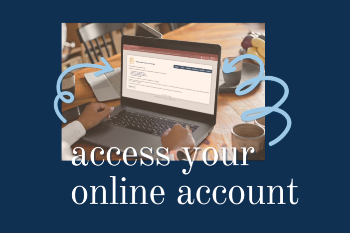 Access your online account: person accessing their online account on a laptop at the breakfast table. arrows pointing to laptop.